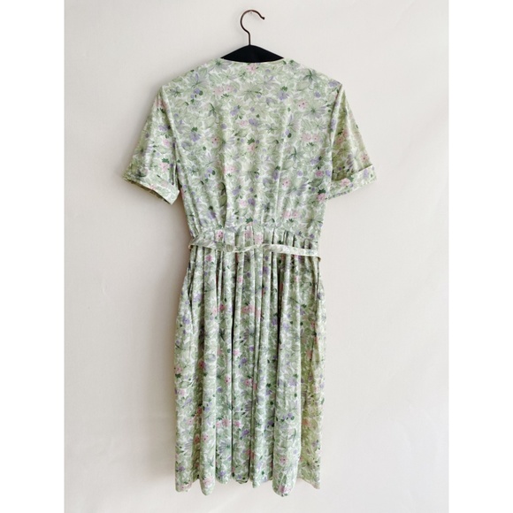 Vintage 1960s/50s Shelton Stroller Green Floral Belted Circle Skirt Dress M/L - Picture 2 of 15